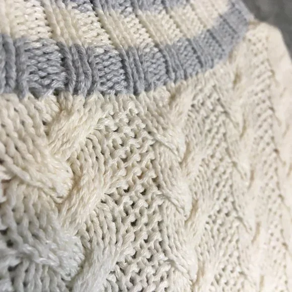 Lauren Ralph Lauren Sweater S M Preppy Cable Knit Blue Ivory V Neck Cuffed Braid - Picture 9 of 11